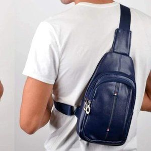 Nylon sling bag backpack, navy leather